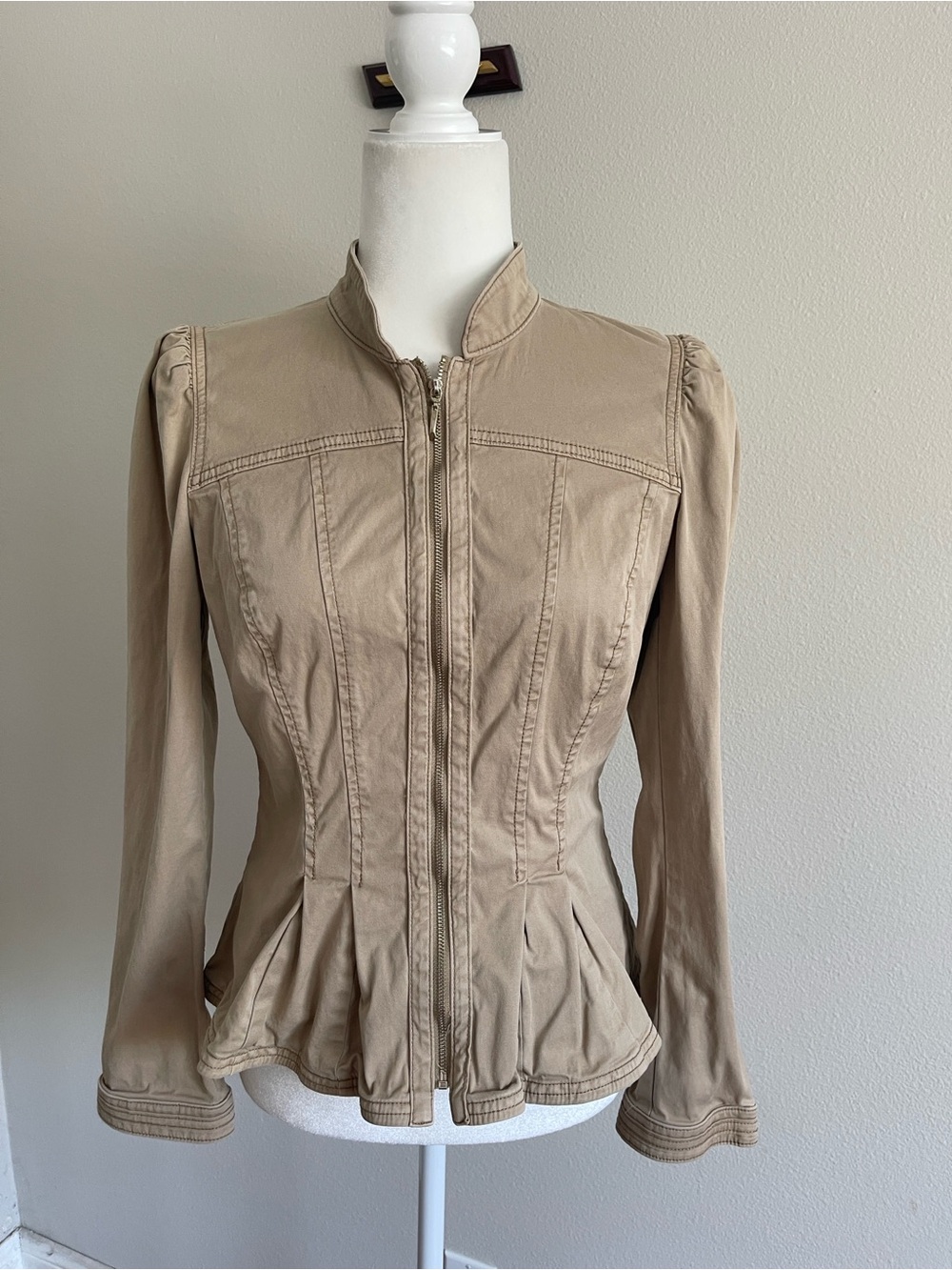 White House Black Market Khaki Zip-Front Peplum Utility Jacket